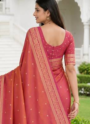 Peach color silk blend zari woven work sari -un stitched blouse 2