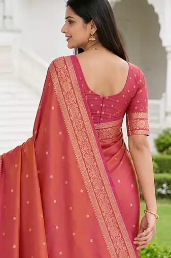 Peach color silk blend zari woven work sari -un stitched blouse