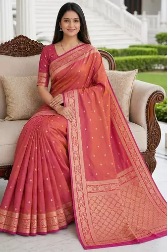 Peach color silk blend zari woven work sari -un stitched blouse