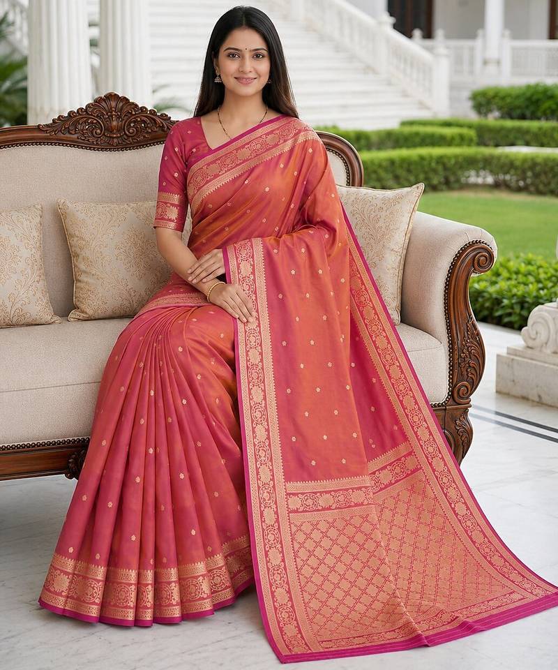Peach color silk blend zari woven work sari -un stitched blouse
