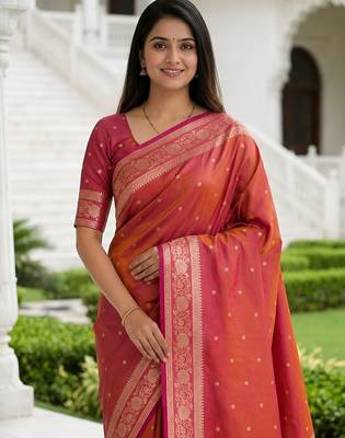 Peach color silk blend zari woven work sari -un stitched blouse 5