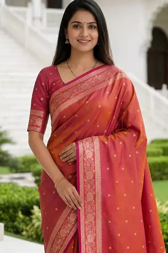 Peach color silk blend zari woven work sari -un stitched blouse