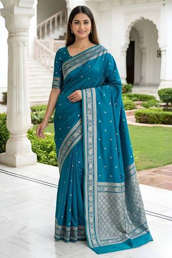 Sky blue color silk blend zari woven work sari -un stitched blouse