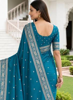 Sky blue color silk blend zari woven work sari -un stitched blouse 2