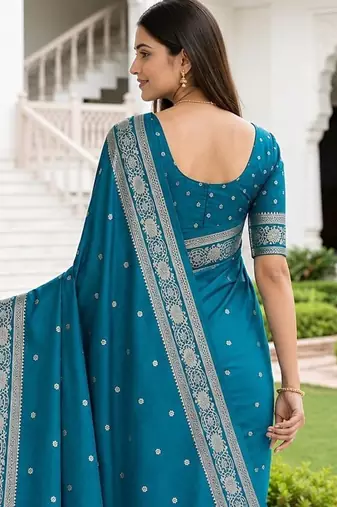 Sky blue color silk blend zari woven work sari -un stitched blouse