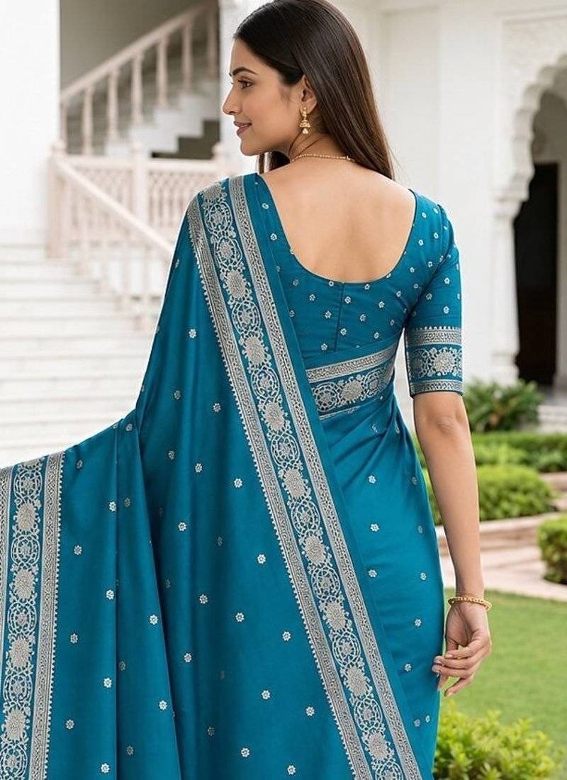 Sky blue color silk blend zari woven work sari -un stitched blouse
