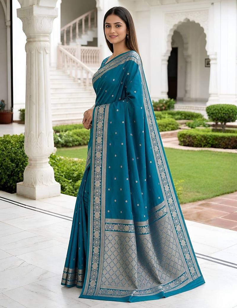 Sky blue color silk blend zari woven work sari -un stitched blouse