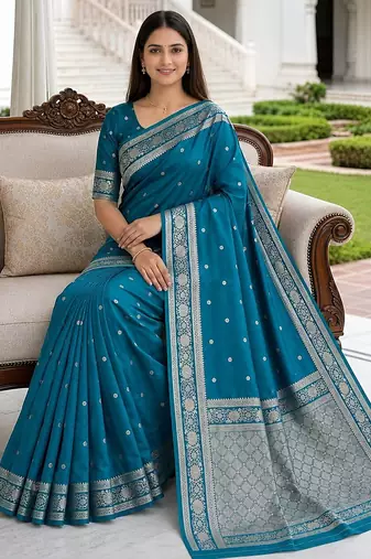 Sky blue color silk blend zari woven work sari -un stitched blouse