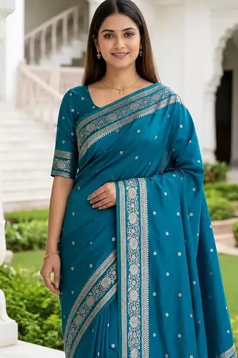 Sky blue color silk blend zari woven work sari -un stitched blouse