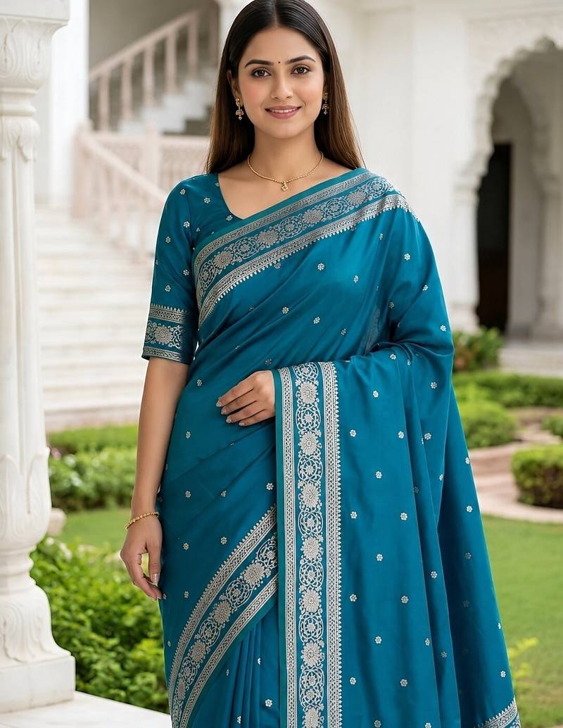 Sky blue color silk blend zari woven work sari -un stitched blouse