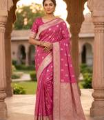 Pink color silk blend zari woven work sari -un stitched blouse