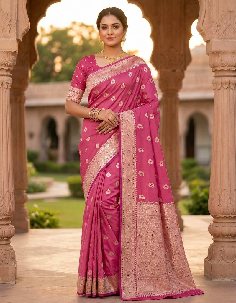 Pink color silk blend zari woven work sari -un stitched blouse