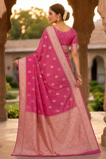 Pink color silk blend zari woven work sari -un stitched blouse