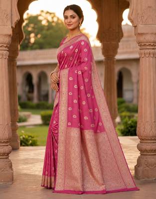 Pink color silk blend zari woven work sari -un stitched blouse 3