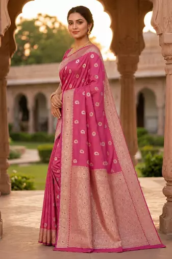 Pink color silk blend zari woven work sari -un stitched blouse