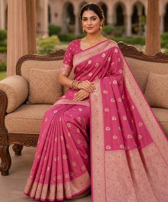Pink color silk blend zari woven work sari -un stitched blouse 4