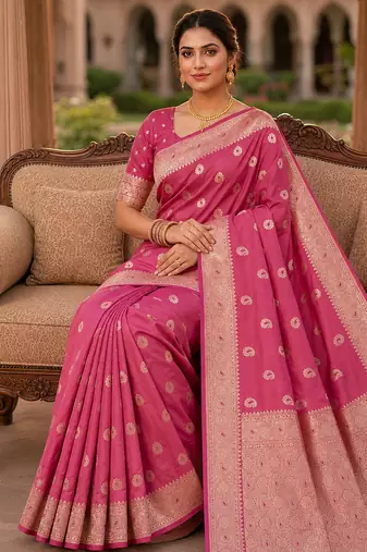 Pink color silk blend zari woven work sari -un stitched blouse