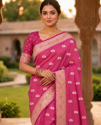 Pink color silk blend zari woven work sari -un stitched blouse 5
