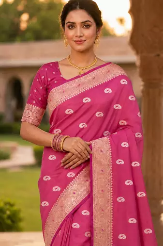 Pink color silk blend zari woven work sari -un stitched blouse