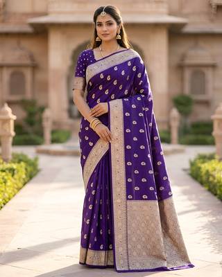Blue color silk blend zari woven work sari -un stitched blouse 1