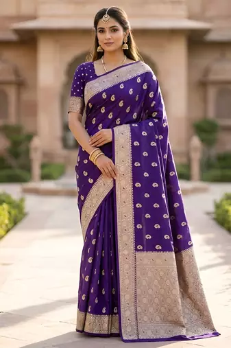 Blue color silk blend zari woven work sari -un stitched blouse