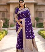 Blue color silk blend zari woven work sari -un stitched blouse