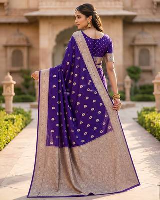 Blue color silk blend zari woven work sari -un stitched blouse 2