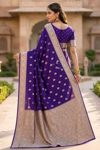 Blue color silk blend zari woven work sari -un stitched blouse