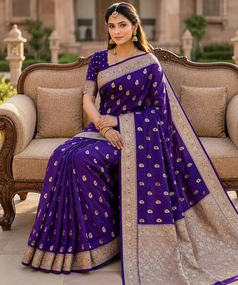 Blue color silk blend zari woven work sari -un stitched blouse 3