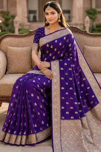 Blue color silk blend zari woven work sari -un stitched blouse