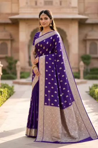 Blue color silk blend zari woven work sari -un stitched blouse