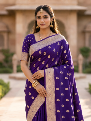 Blue color silk blend zari woven work sari -un stitched blouse 5