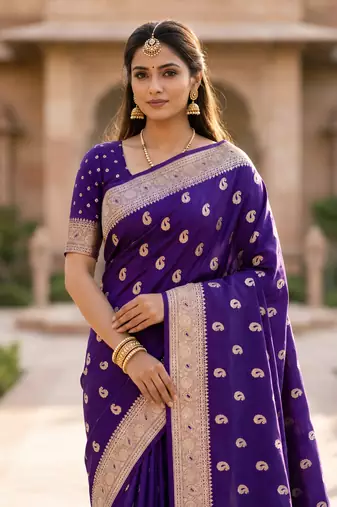 Blue color silk blend zari woven work sari -un stitched blouse