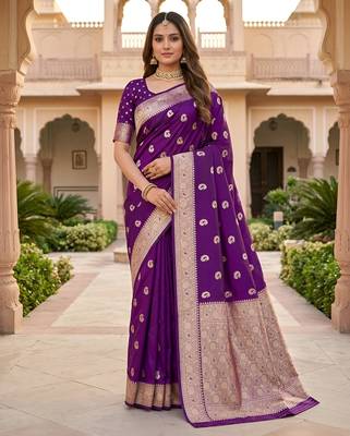 Purple color silk blend zari woven work sari -un stitched blouse 1
