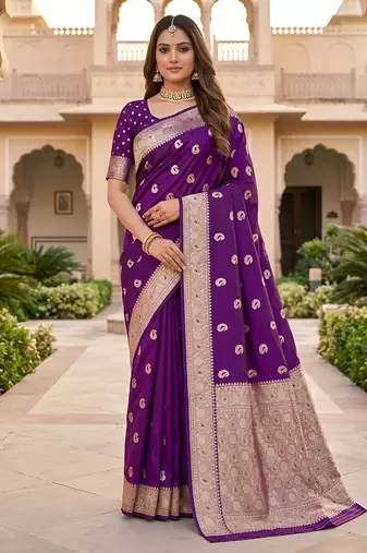 Purple color silk blend zari woven work sari -un stitched blouse
