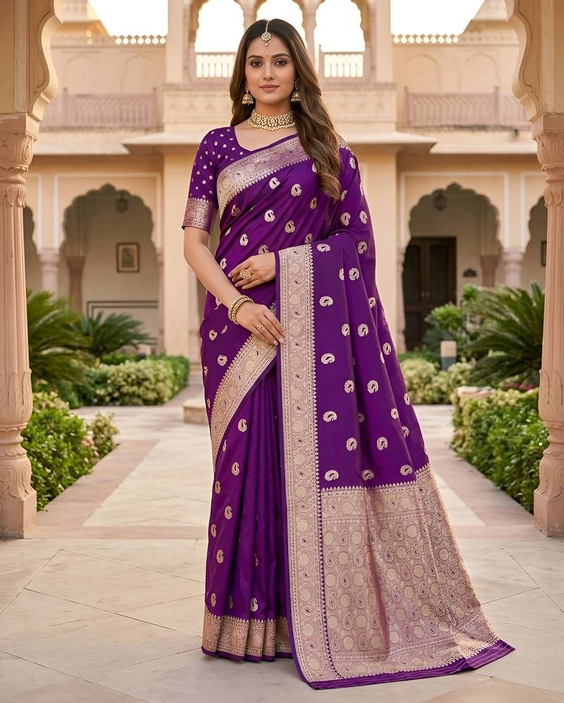 Purple color silk blend zari woven work sari -un stitched blouse