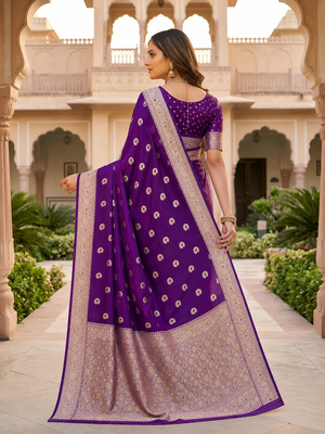 Purple color silk blend zari woven work sari -un stitched blouse 2