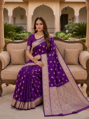 Purple color silk blend zari woven work sari -un stitched blouse 3