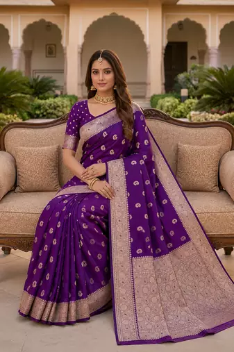 Purple color silk blend zari woven work sari -un stitched blouse