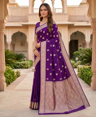 Purple color silk blend zari woven work sari -un stitched blouse 4