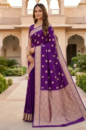 Purple color silk blend zari woven work sari -un stitched blouse