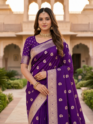 Purple color silk blend zari woven work sari -un stitched blouse 5