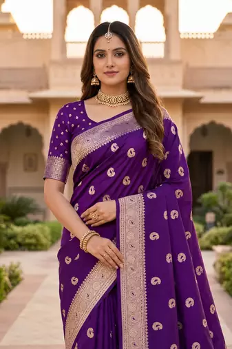 Purple color silk blend zari woven work sari -un stitched blouse