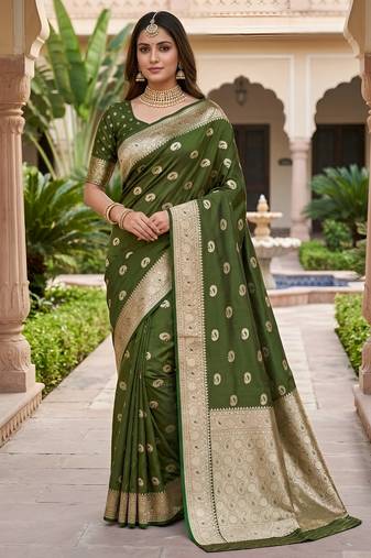 Mehendi color silk blend zari woven work sari -un stitched blouse