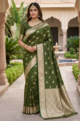 Mehendi color silk blend zari woven work sari -un stitched blouse