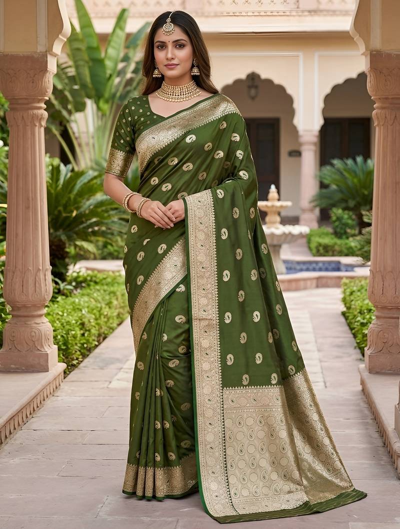 Mehendi color silk blend zari woven work sari -un stitched blouse