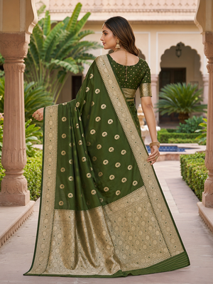 Mehendi color silk blend zari woven work sari -un stitched blouse 2