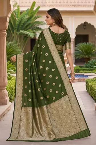 Mehendi color silk blend zari woven work sari -un stitched blouse