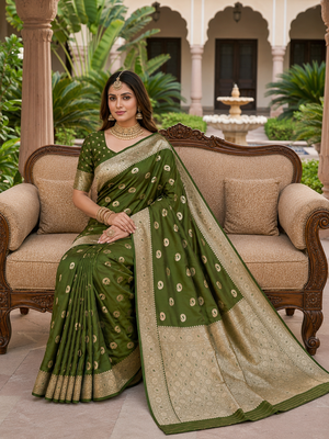 Mehendi color silk blend zari woven work sari -un stitched blouse 3