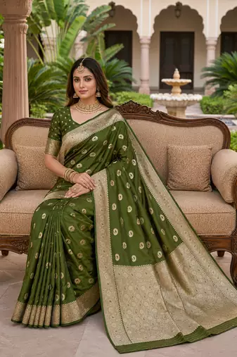 Mehendi color silk blend zari woven work sari -un stitched blouse